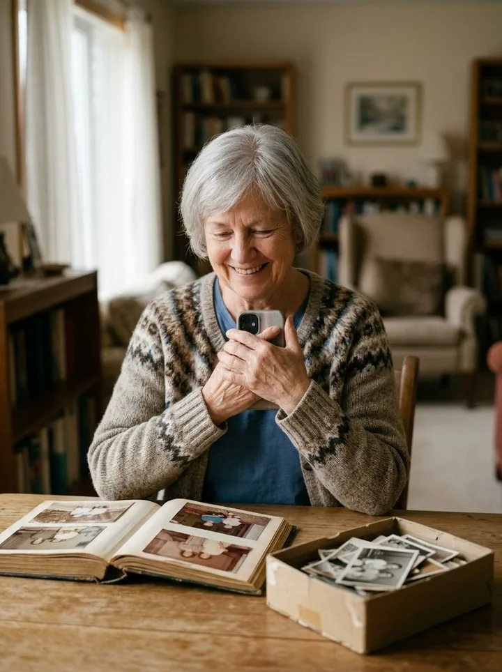An older woman smiles as she holds her phone, with an old photo album and a box of photos in front of her