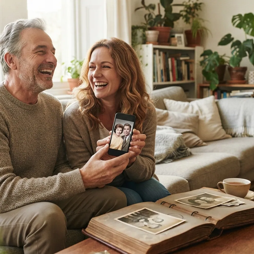 A father and his adult daughter laugh on the sofa looking at a phone together, an old photo album lies on the table
