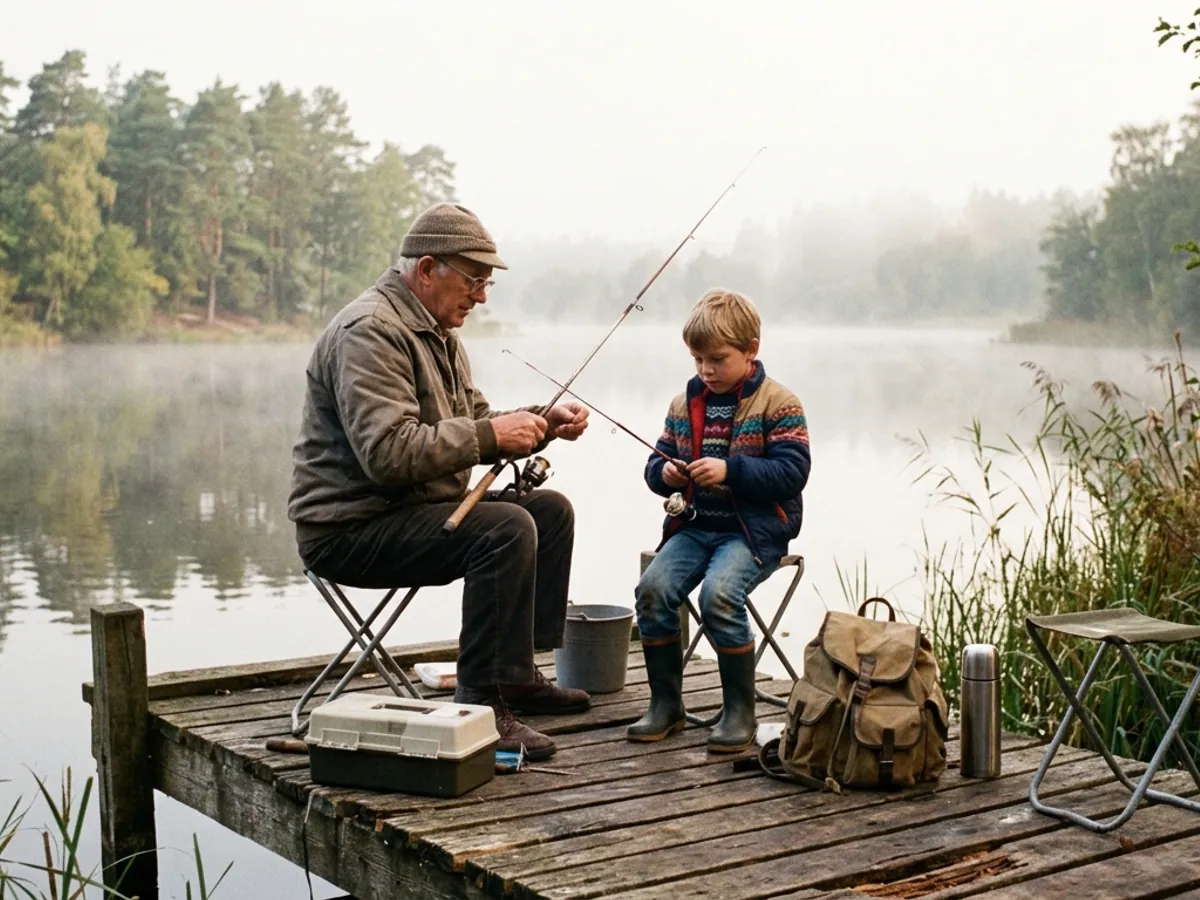 A grandfather and a boy fishing from a wooden jetty on a misty lake, 1980s color photo