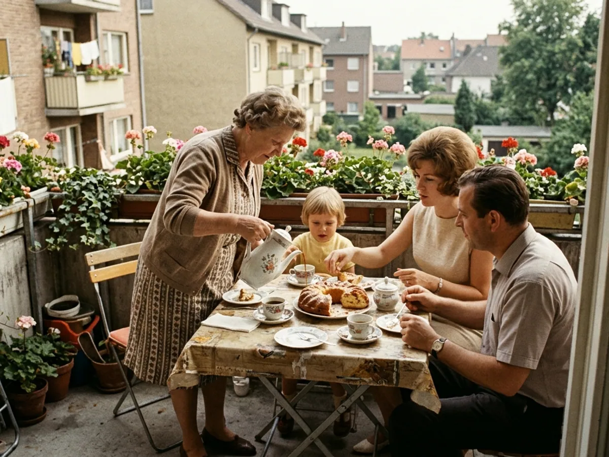 Coffee and cake on a balcony with flower boxes, grandmother pouring, 1960s color photo