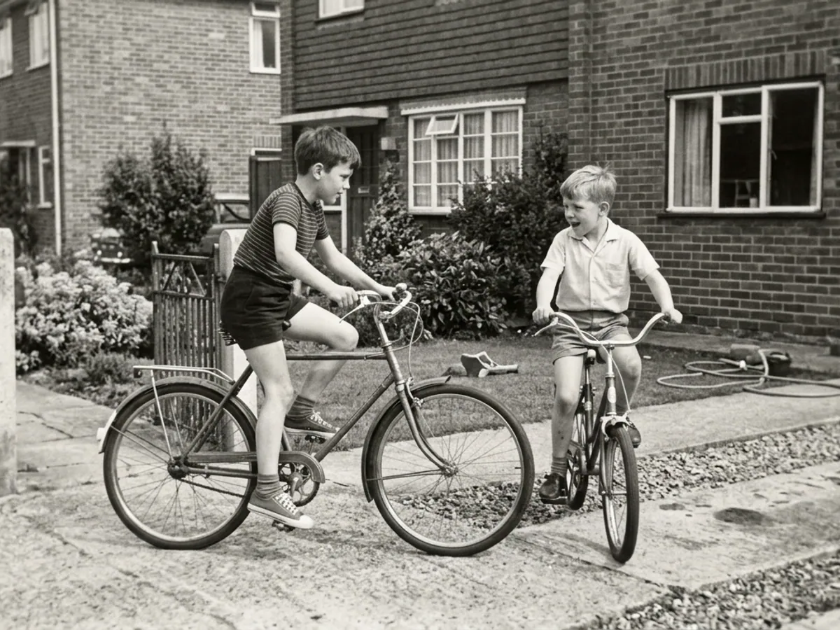 Two boys on bicycles in front of a brick house, 1960s black-and-white photo