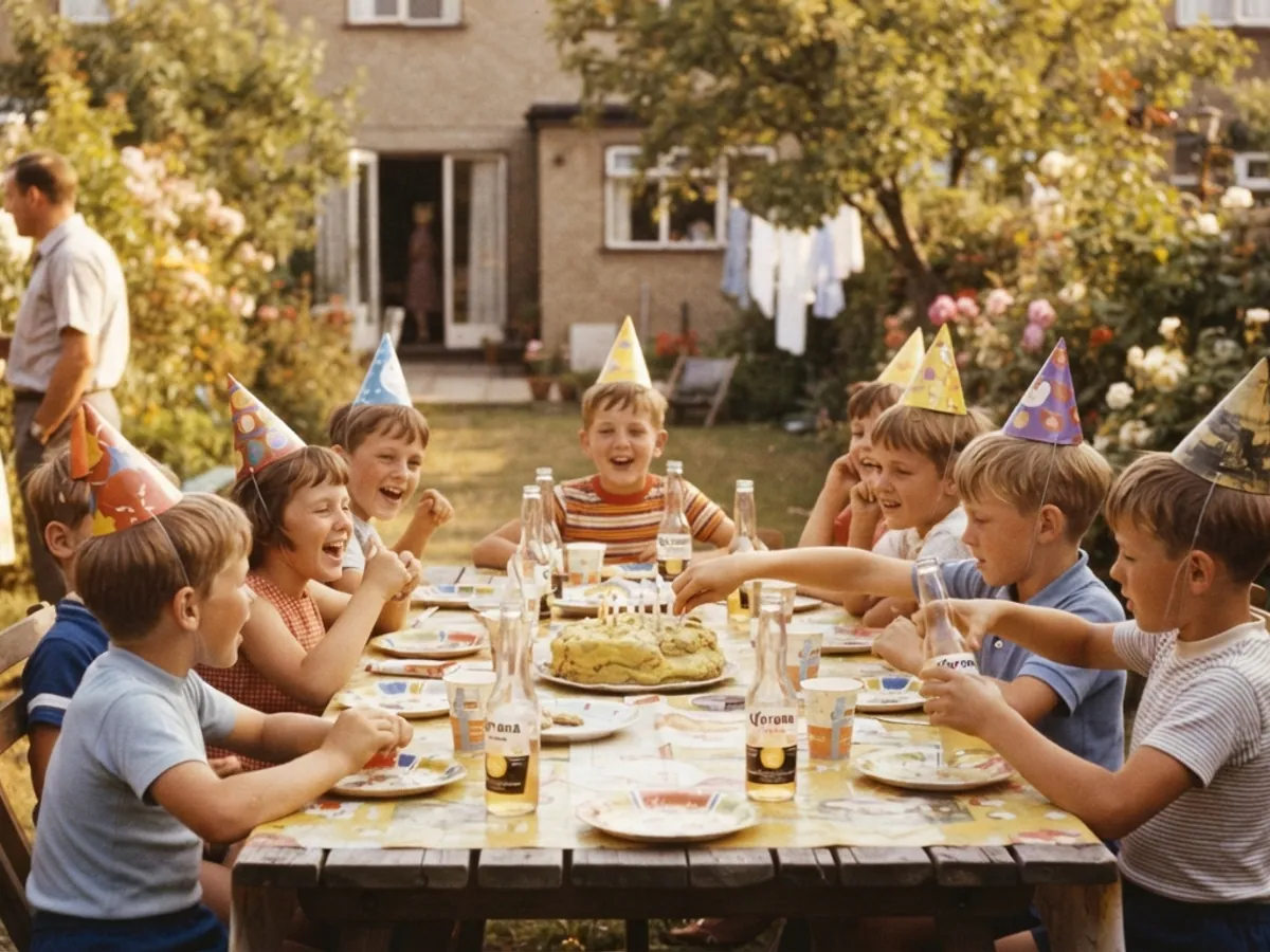 A children’s birthday party with paper hats at a long table in the garden, 1960s color photo