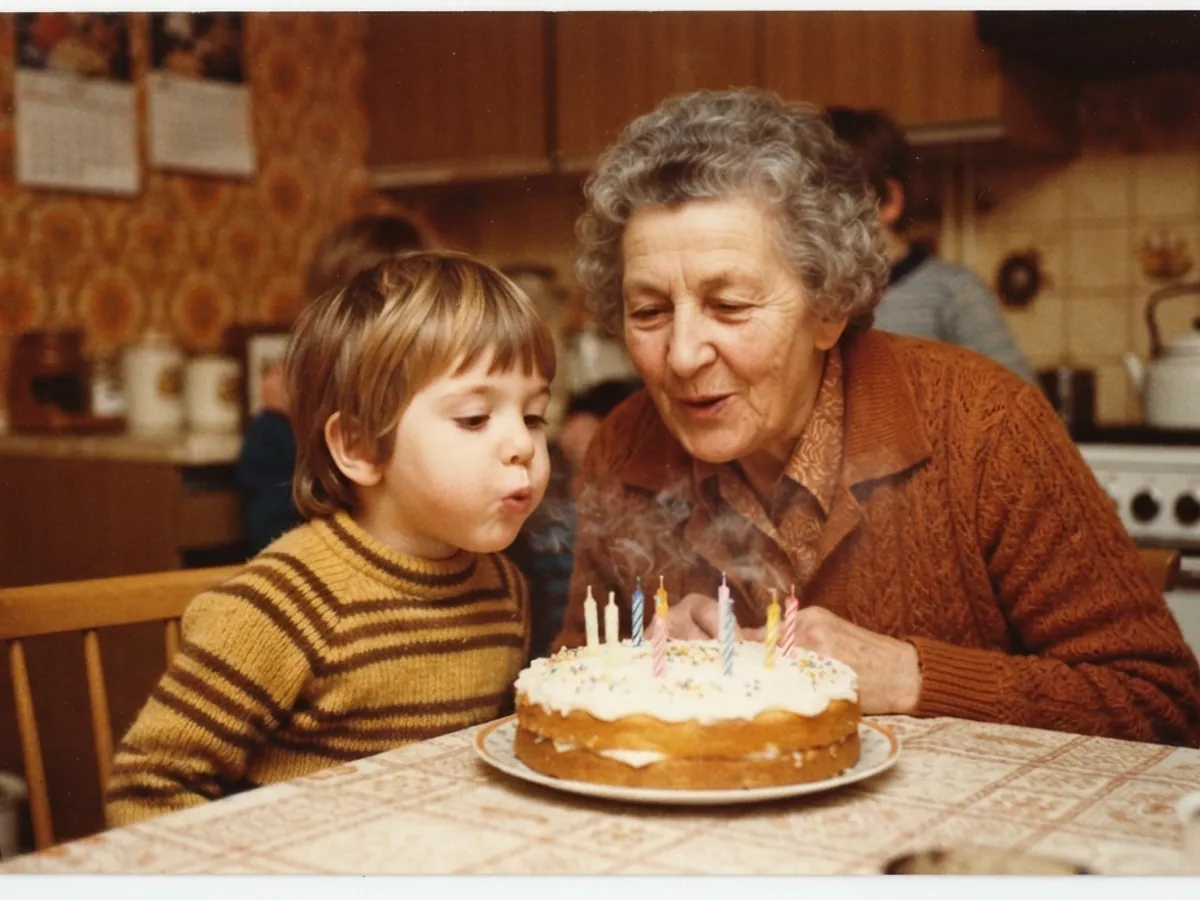 A grandmother and a small boy blowing out candles on a birthday cake, 1970s color photo