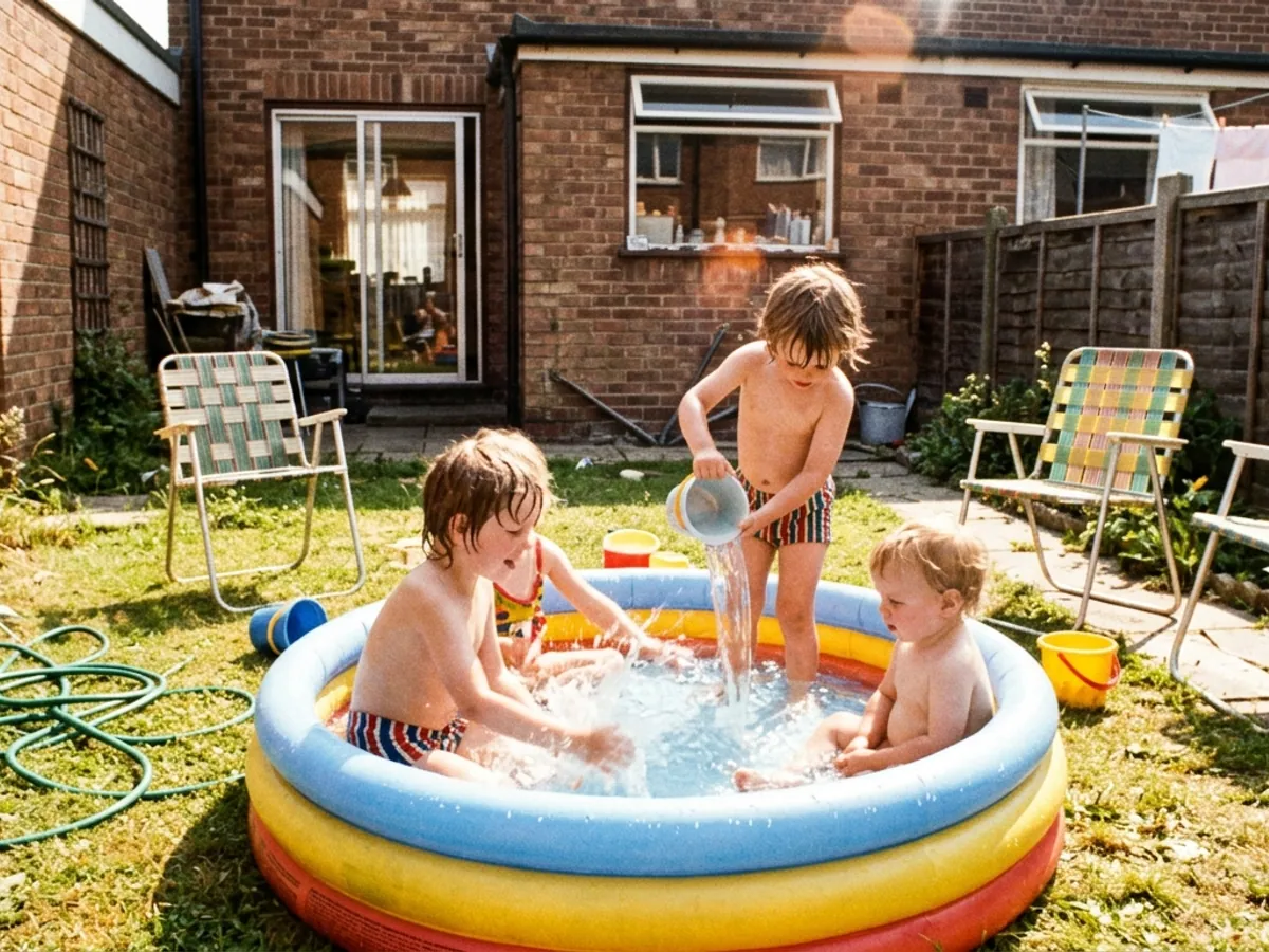 Children playing in a paddling pool in a small garden, 1970s color photo