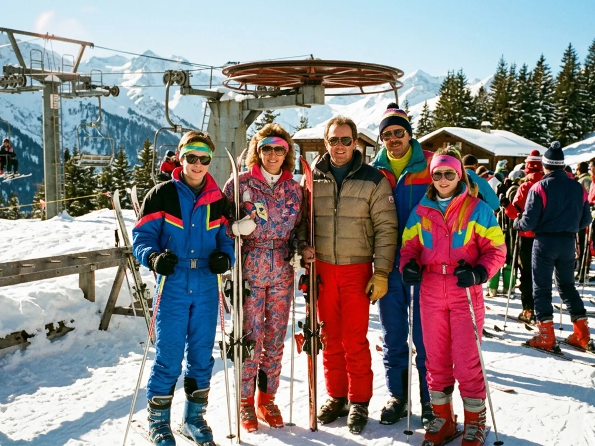 A family in colorful ski suits at a ski lift in the Alps, automatically enhanced