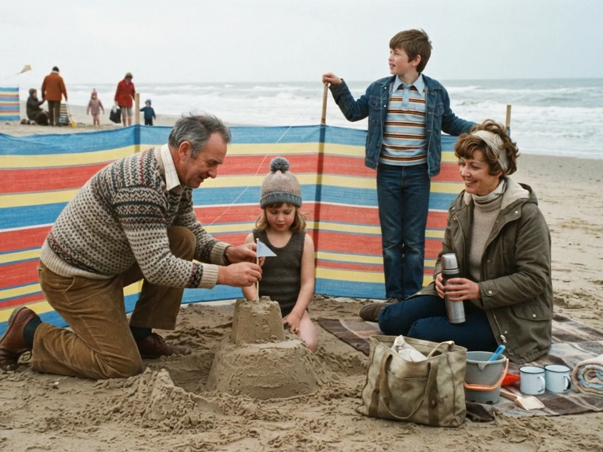 A family building a sandcastle behind a striped windbreak on a North Sea beach, 1970s color photo
