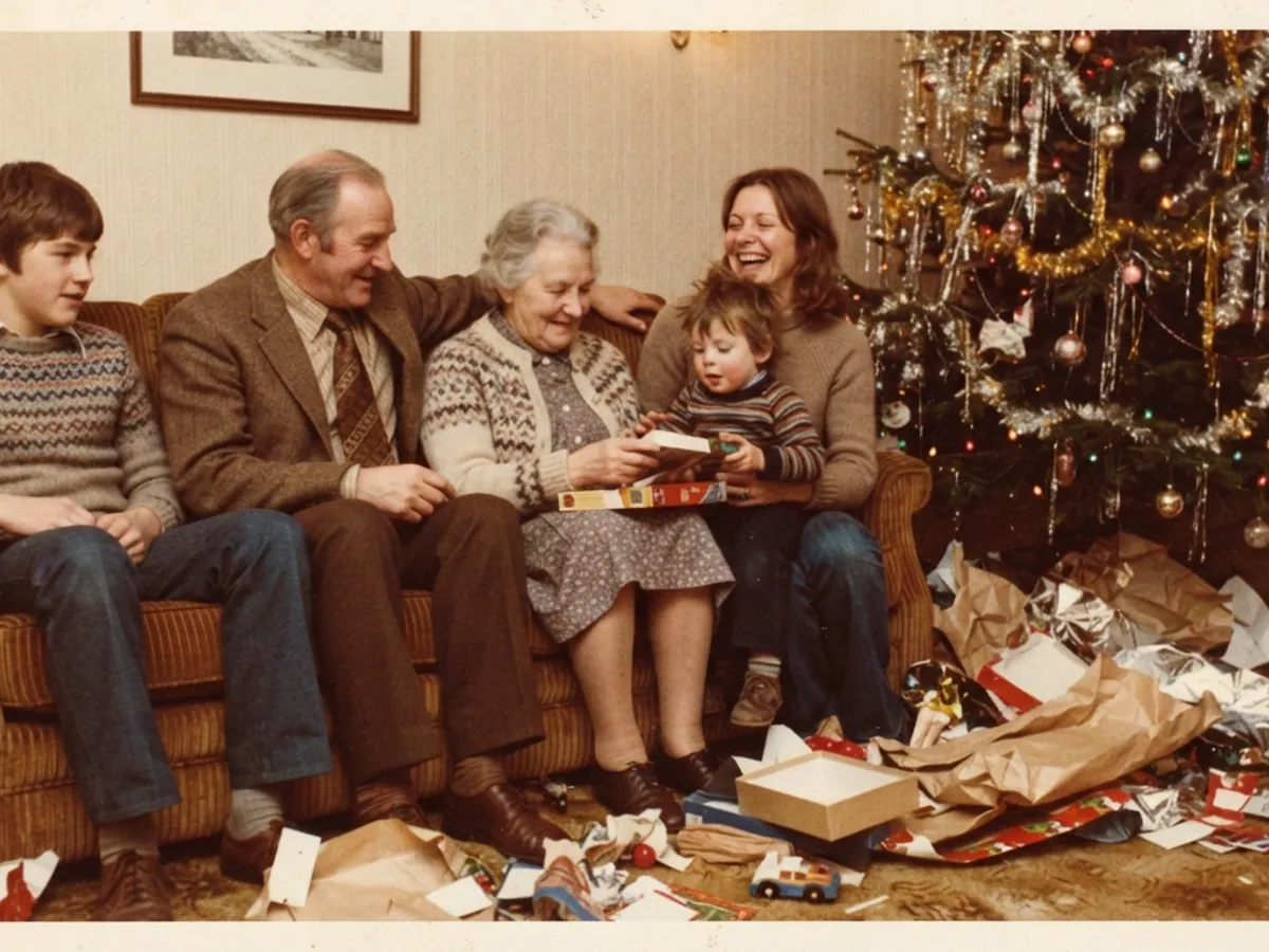 Three generations on the sofa in front of the Christmas tree, wrapping paper on the floor, 1970s color photo